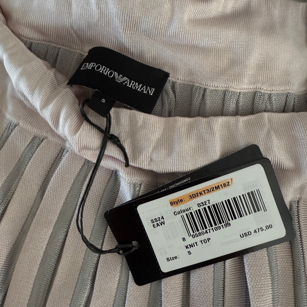 NWT Emporio Armani Knit Tank Top Silver Gray & Pink Striped Pleated Halter Blous - Picture 7 of 8